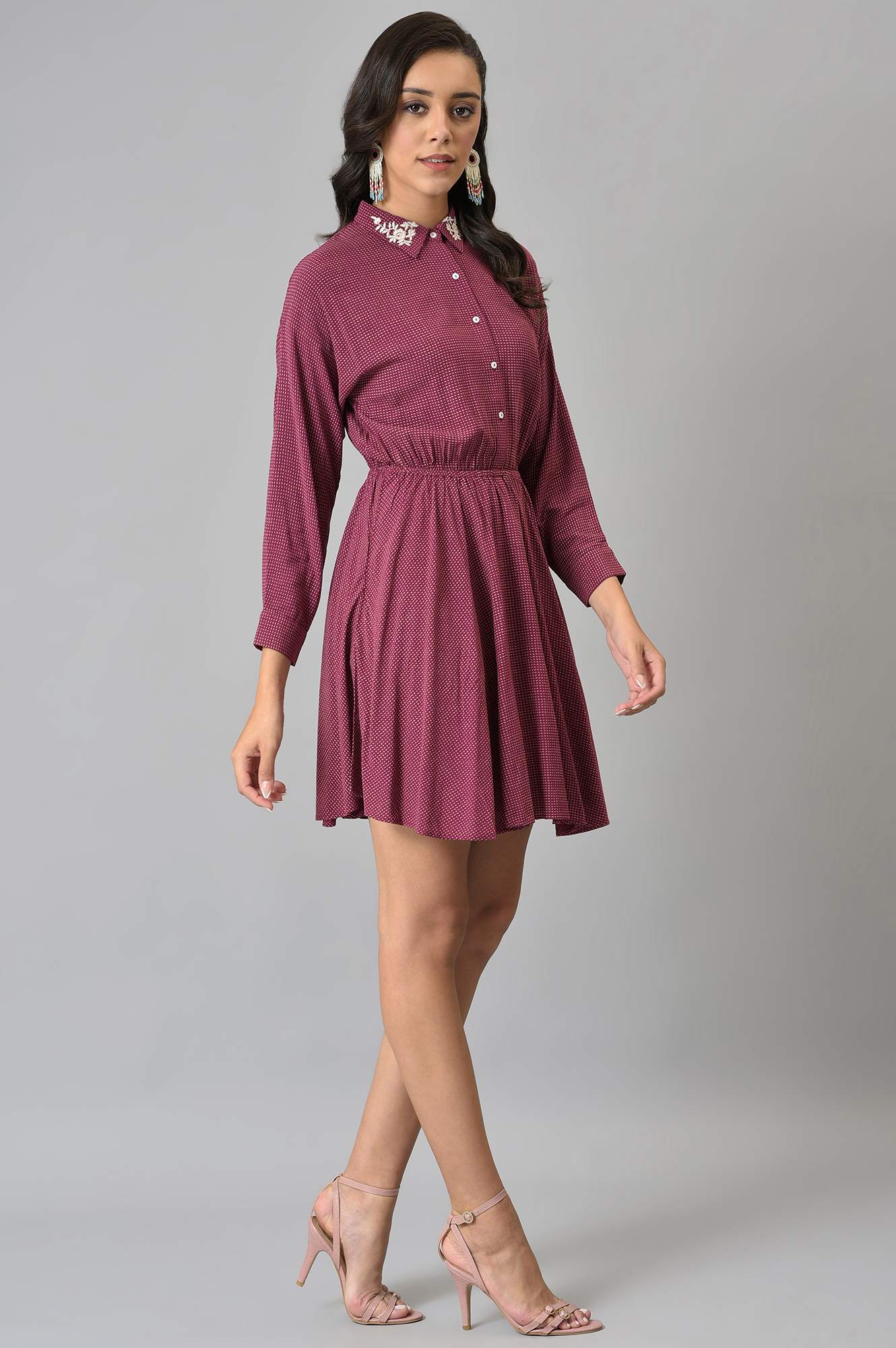 W for Woman Pink Printed Dress And Embroidered Collar