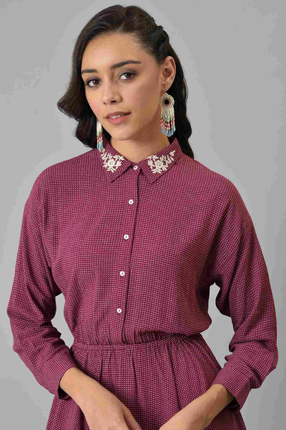 W for Woman Pink Printed Dress And Embroidered Collar