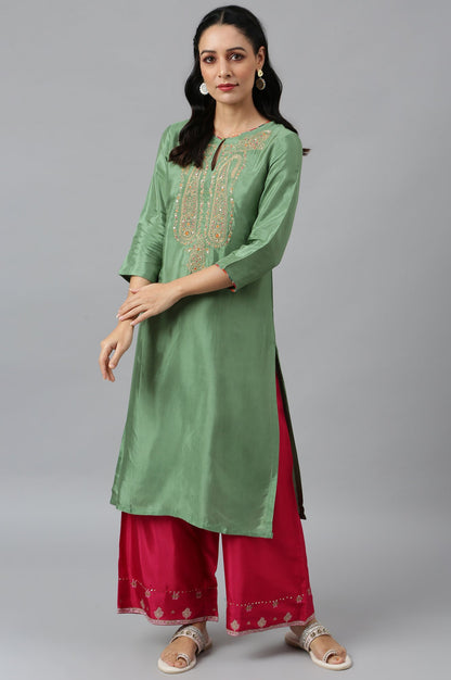 W for Woman Green Straight kurta With Embroidered Yoke
