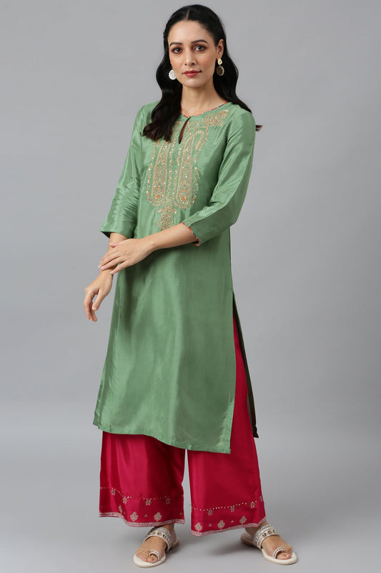 W for Woman Green Straight kurta With Embroidered Yoke