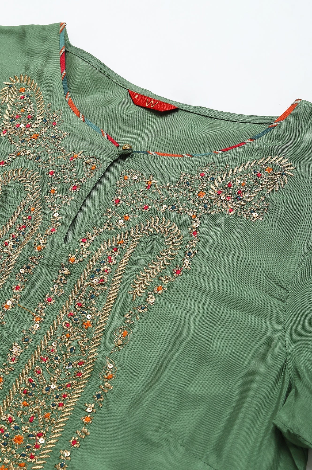W for Woman Green Straight kurta With Embroidered Yoke