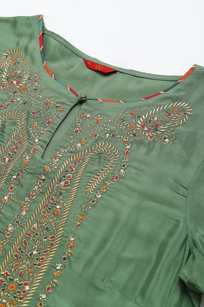 W for Woman Green Straight kurta With Embroidered Yoke