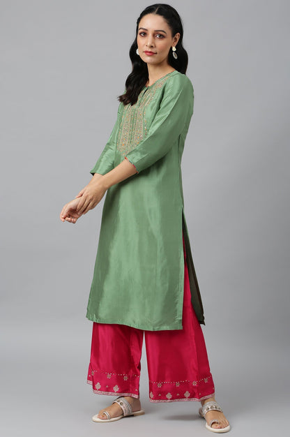 W for Woman Green Straight kurta With Embroidered Yoke
