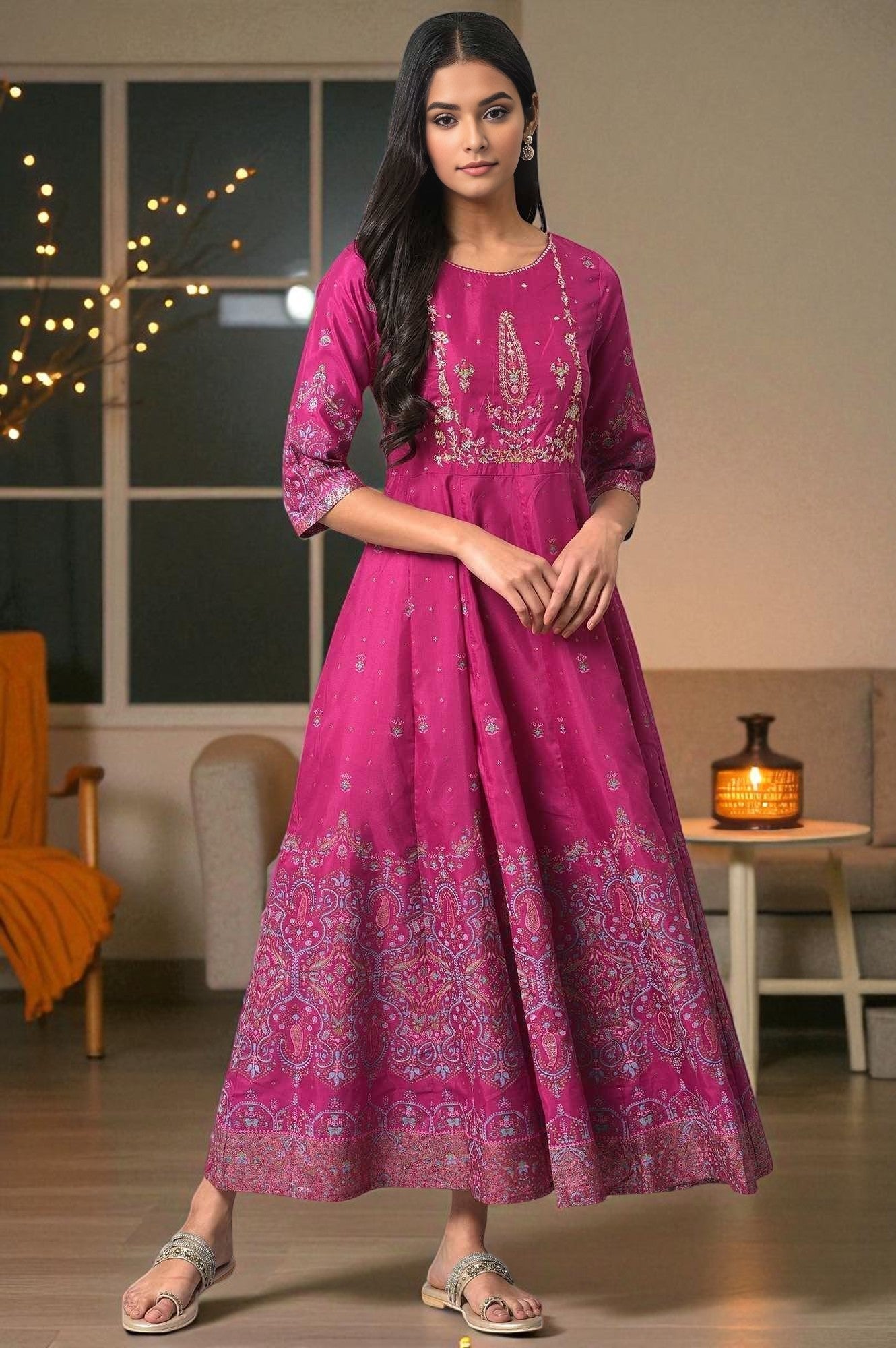 W for Woman Purple Floral Printed Shantung Dress With Embroidery