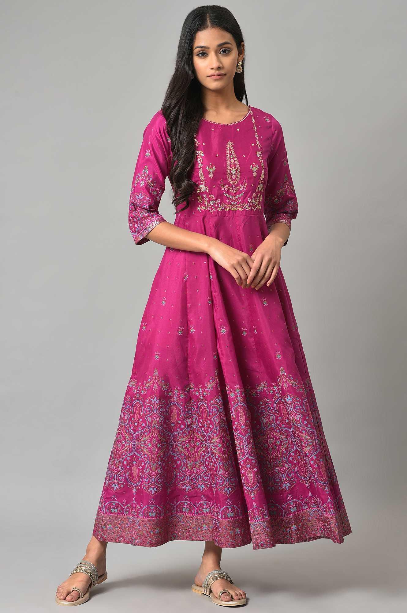 W for Woman Purple Floral Printed Shantung Dress With Embroidery