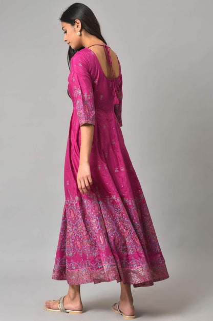 W for Woman Purple Floral Printed Shantung Dress With Embroidery