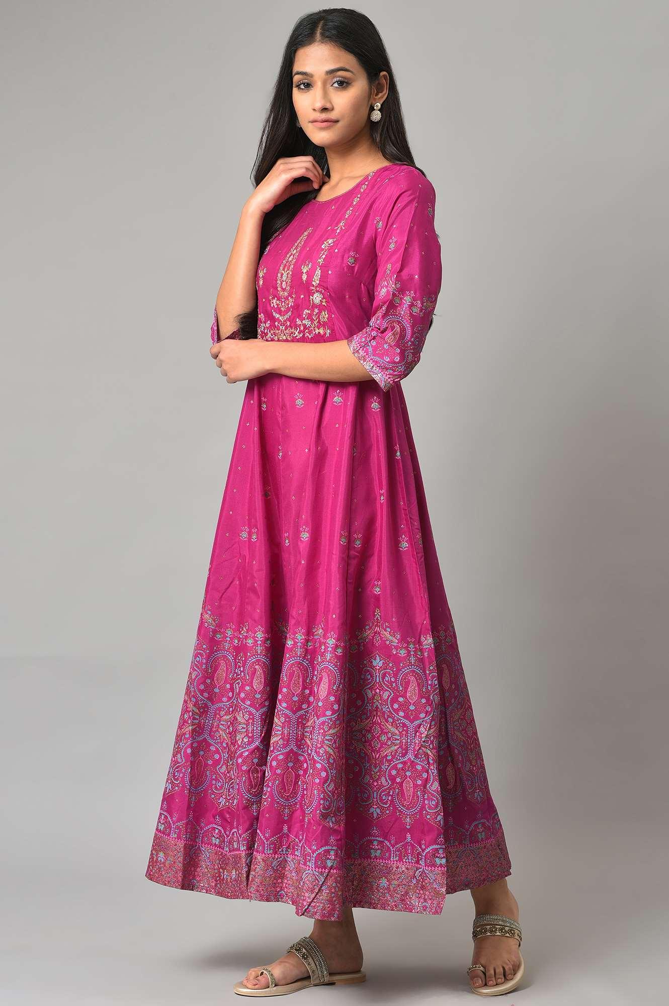 W for Woman Purple Floral Printed Shantung Dress With Embroidery