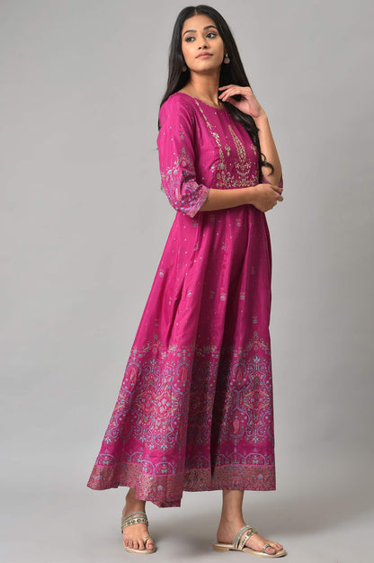 W for Woman Purple Floral Printed Shantung Dress With Embroidery