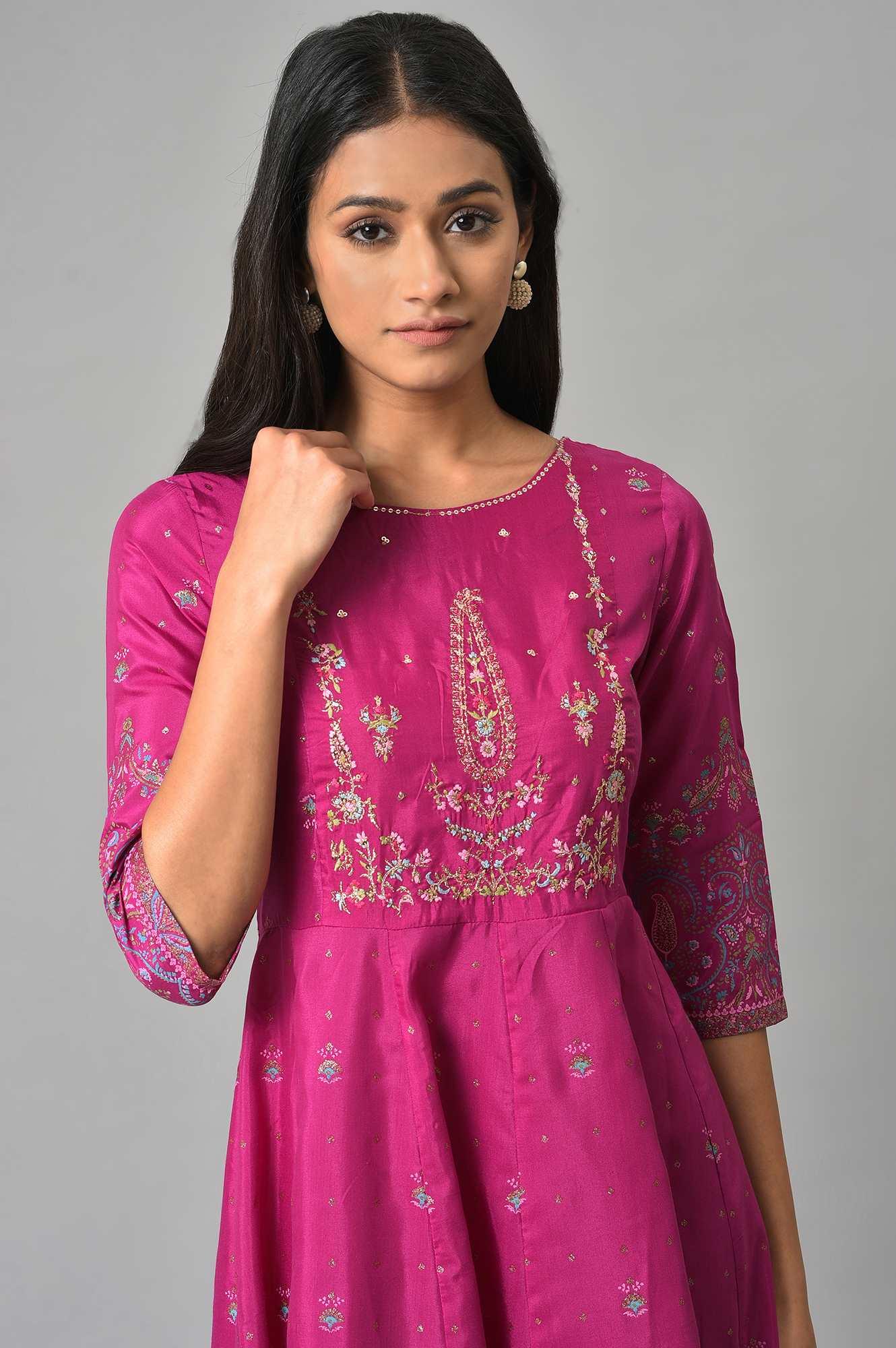 W for Woman Purple Floral Printed Shantung Dress With Embroidery