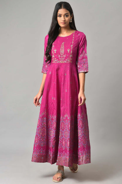 W for Woman Purple Floral Printed Shantung Dress With Embroidery