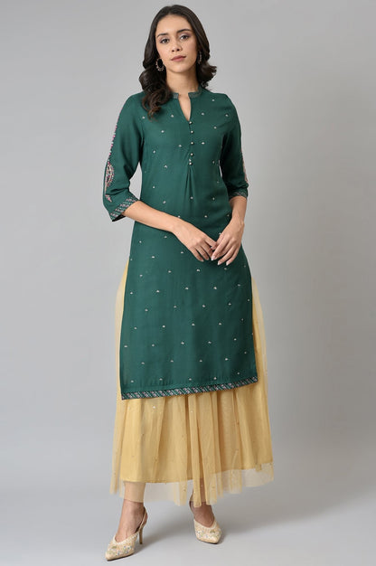 W for Woman Green Metallic Embroidered Button Down kurta