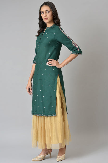 W for Woman Green Metallic Embroidered Button Down kurta