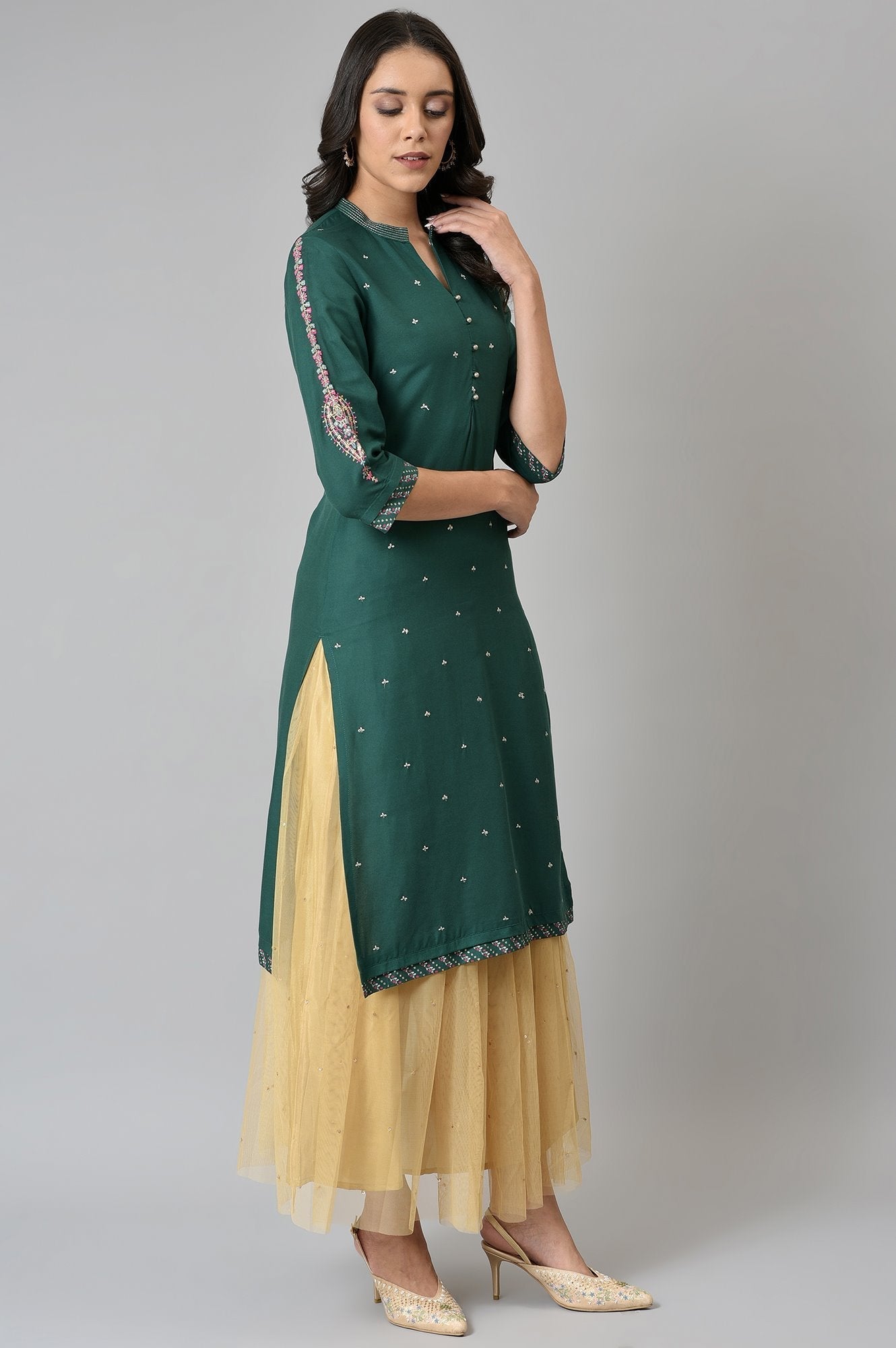 W for Woman Green Metallic Embroidered Button Down kurta