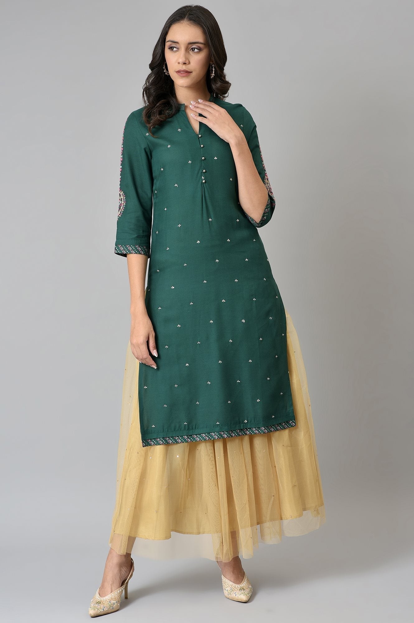W for Woman Green Metallic Embroidered Button Down kurta