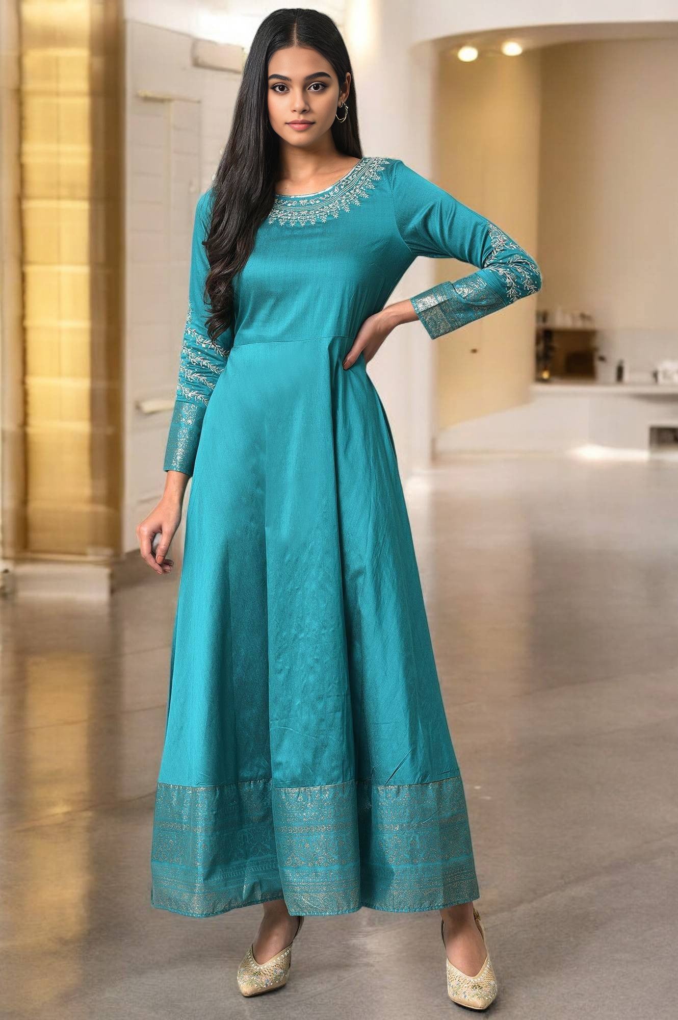 W for Woman Teal Blue Glitter Printed and Embroidered Flared Dress