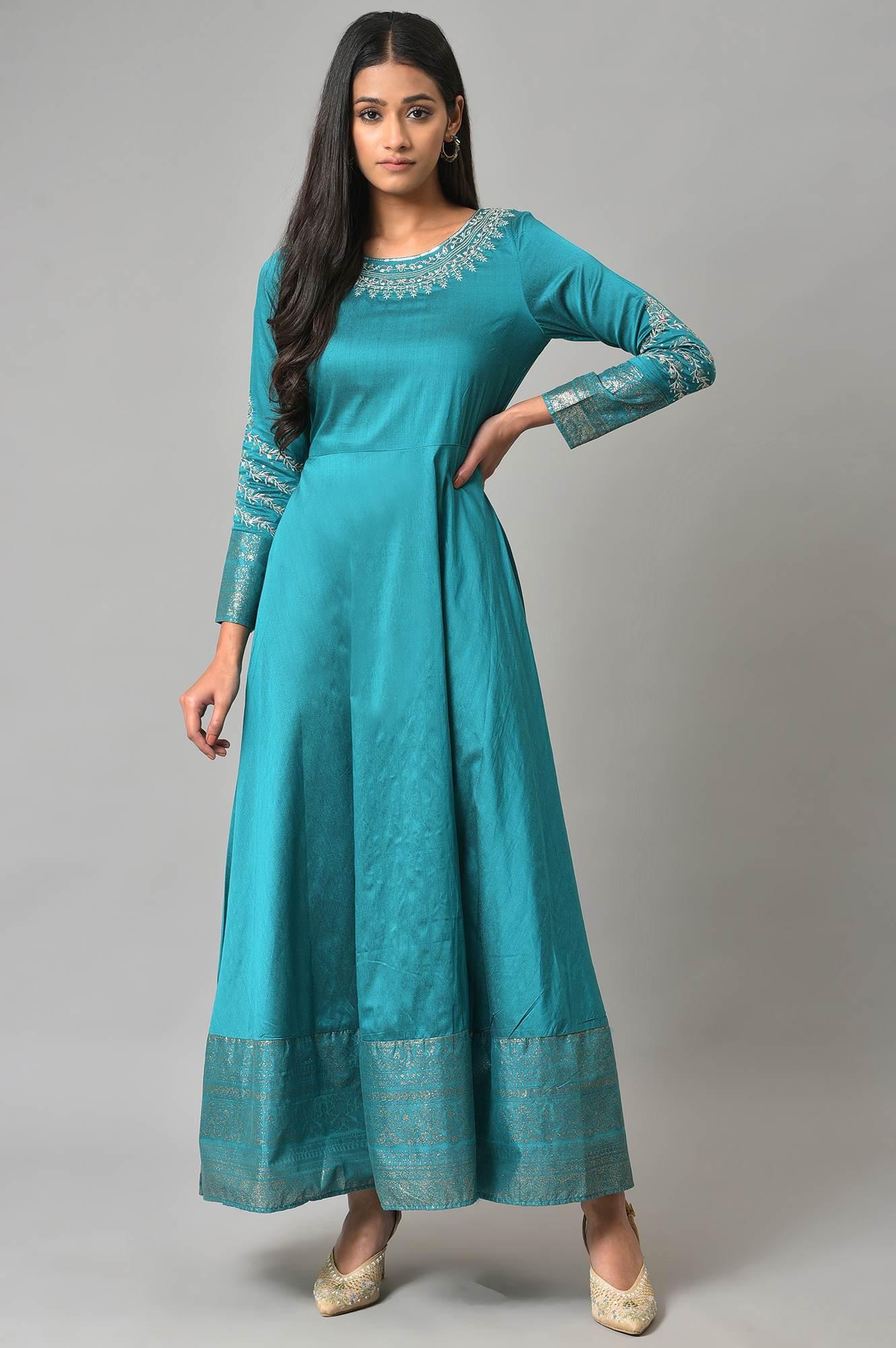 W for Woman Teal Blue Glitter Printed and Embroidered Flared Dress