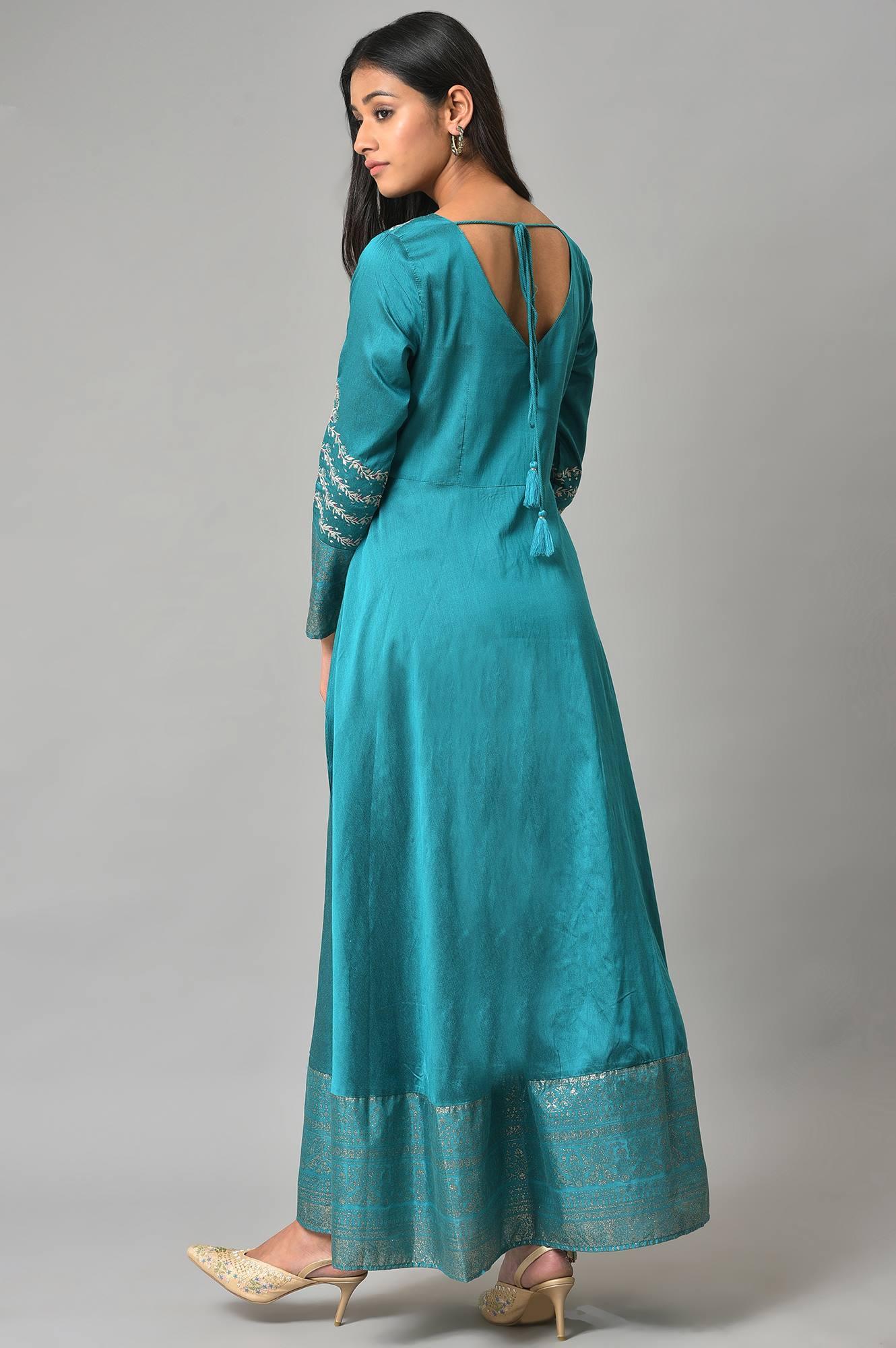 W for Woman Teal Blue Glitter Printed and Embroidered Flared Dress