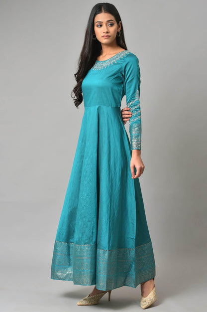 W for Woman Teal Blue Glitter Printed and Embroidered Flared Dress