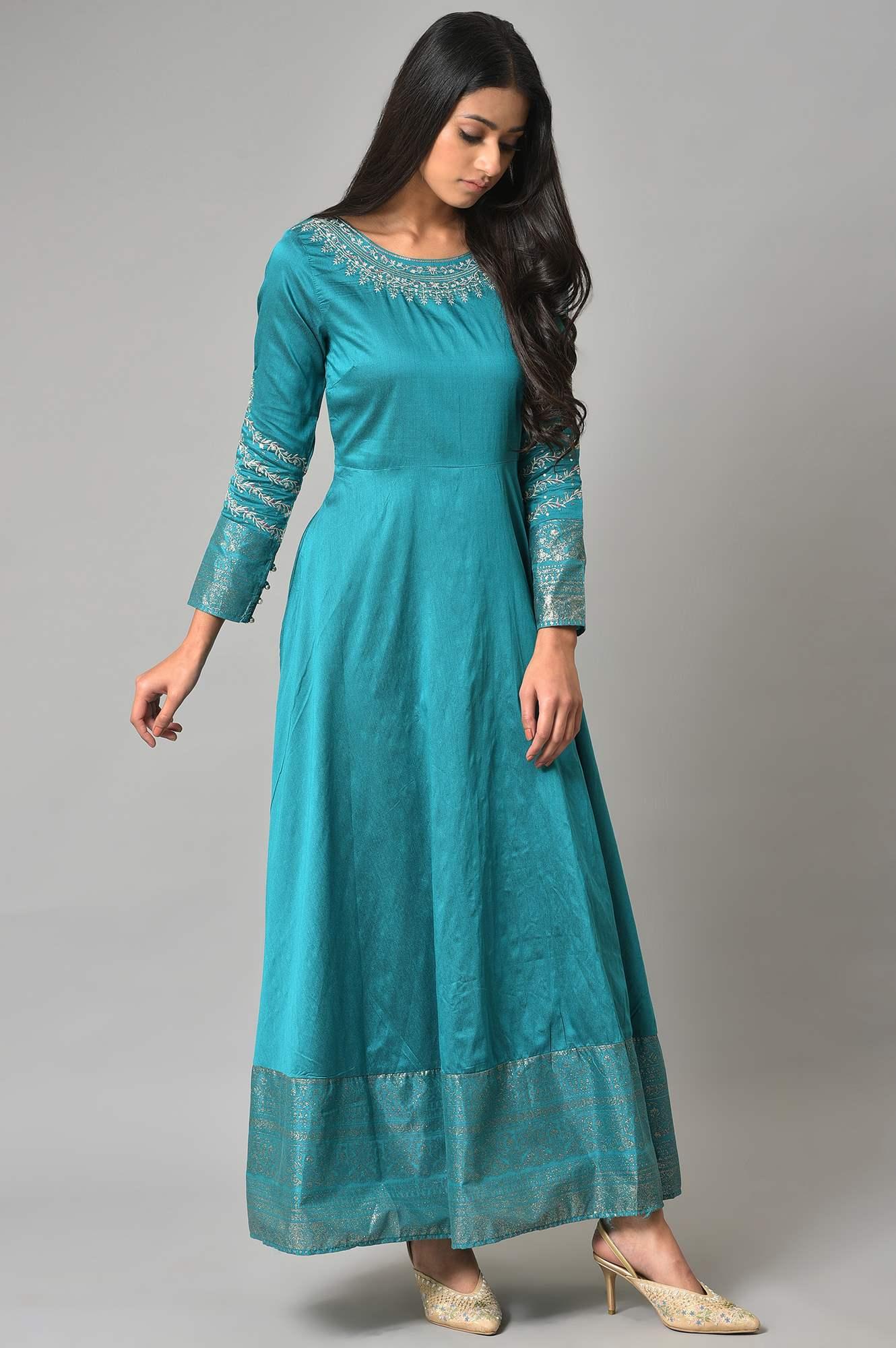W for Woman Teal Blue Glitter Printed and Embroidered Flared Dress
