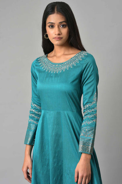 W for Woman Teal Blue Glitter Printed and Embroidered Flared Dress