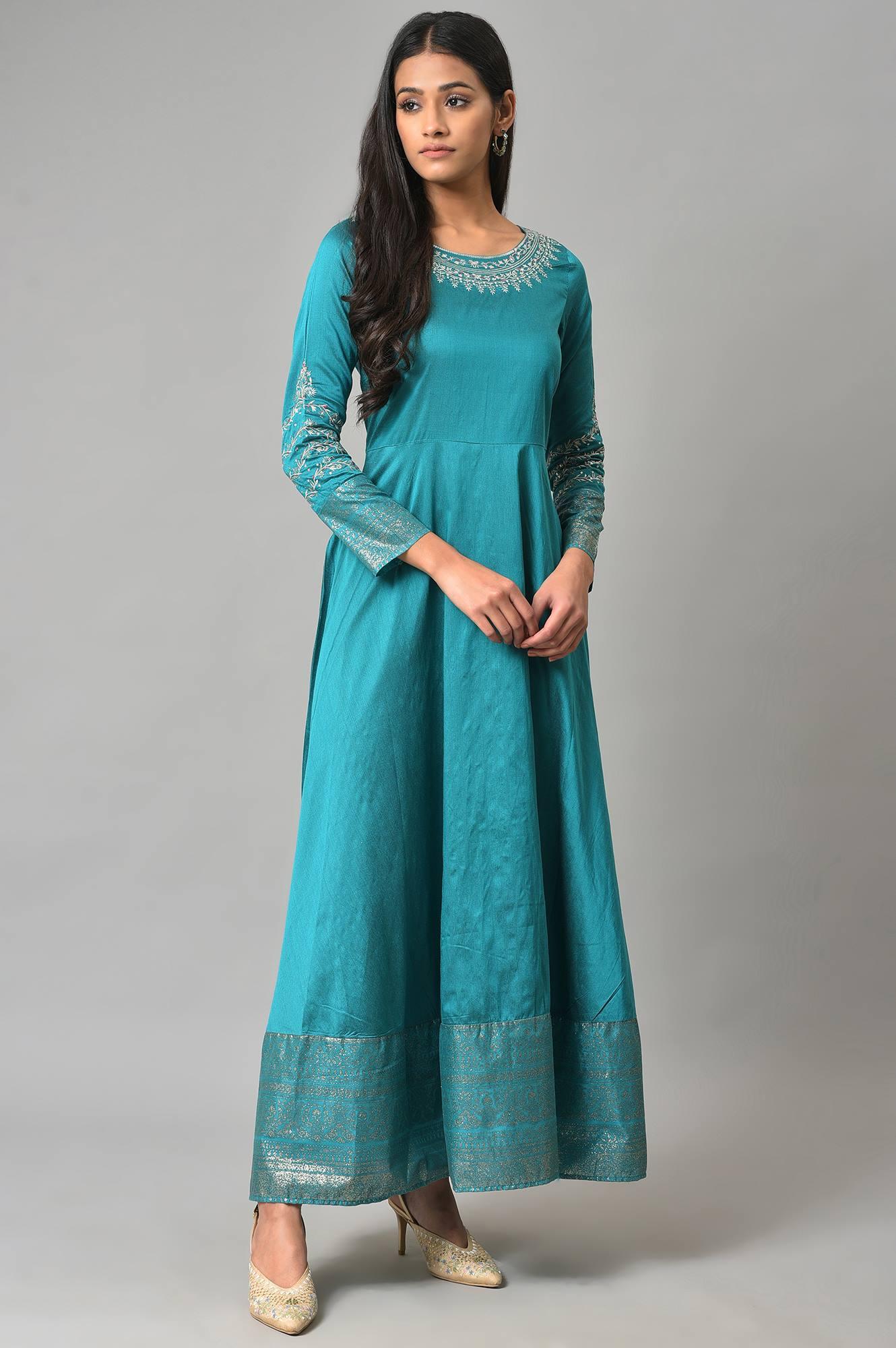 W for Woman Teal Blue Glitter Printed and Embroidered Flared Dress