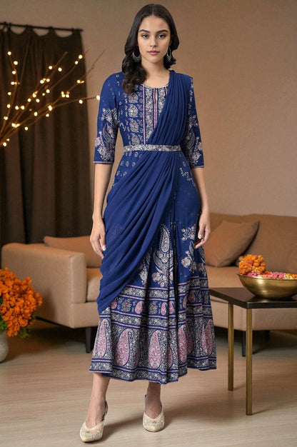 W for Woman Blue Printed and Embroidered Insta Saree