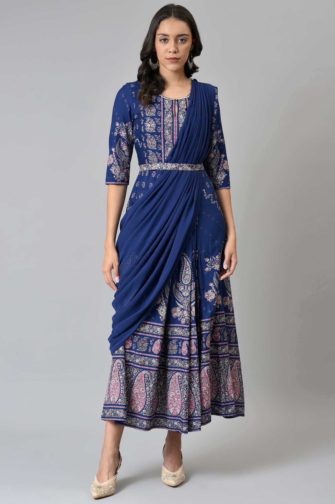 W for Woman Blue Printed and Embroidered Insta Saree