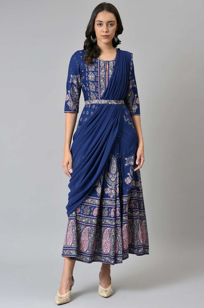 W for Woman Blue Printed and Embroidered Insta Saree