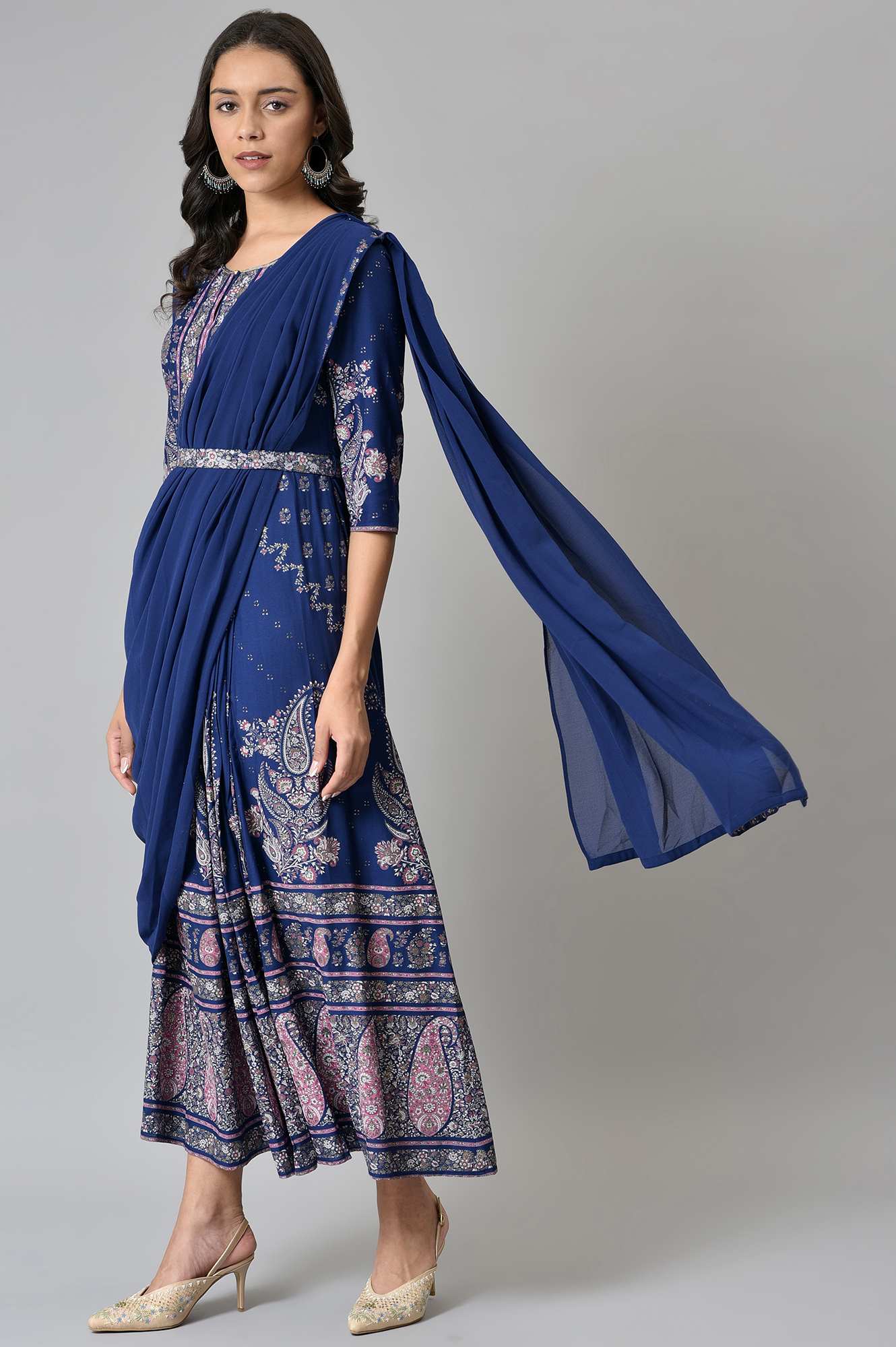 W for Woman Blue Printed and Embroidered Insta Saree