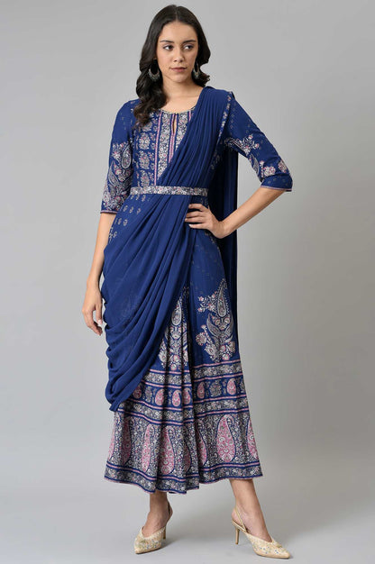 W for Woman Blue Printed and Embroidered Insta Saree