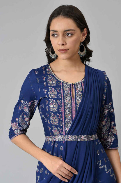 W for Woman Blue Printed and Embroidered Insta Saree