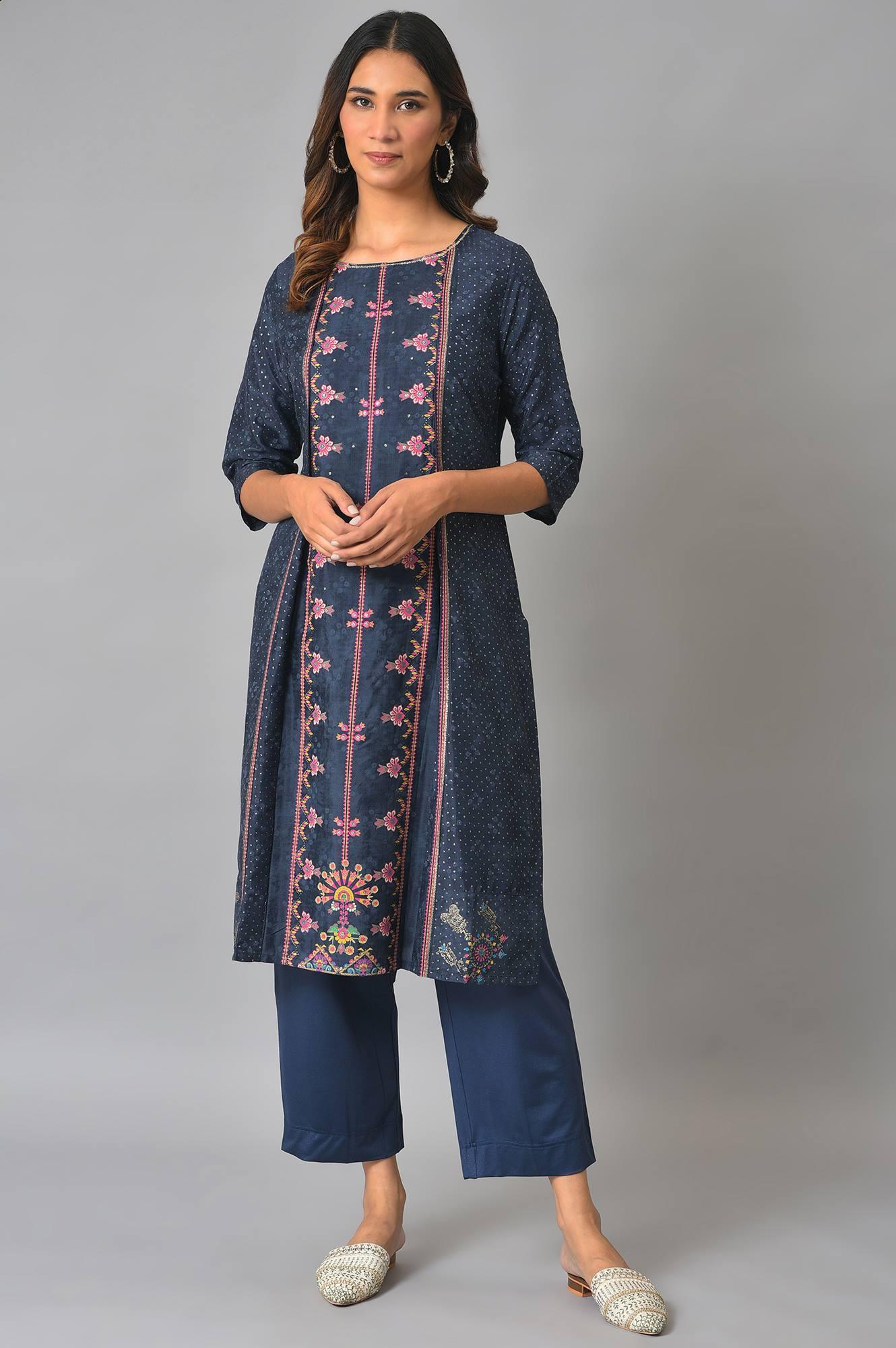 W for Woman Royal Blue Mock Layered Festive kurta