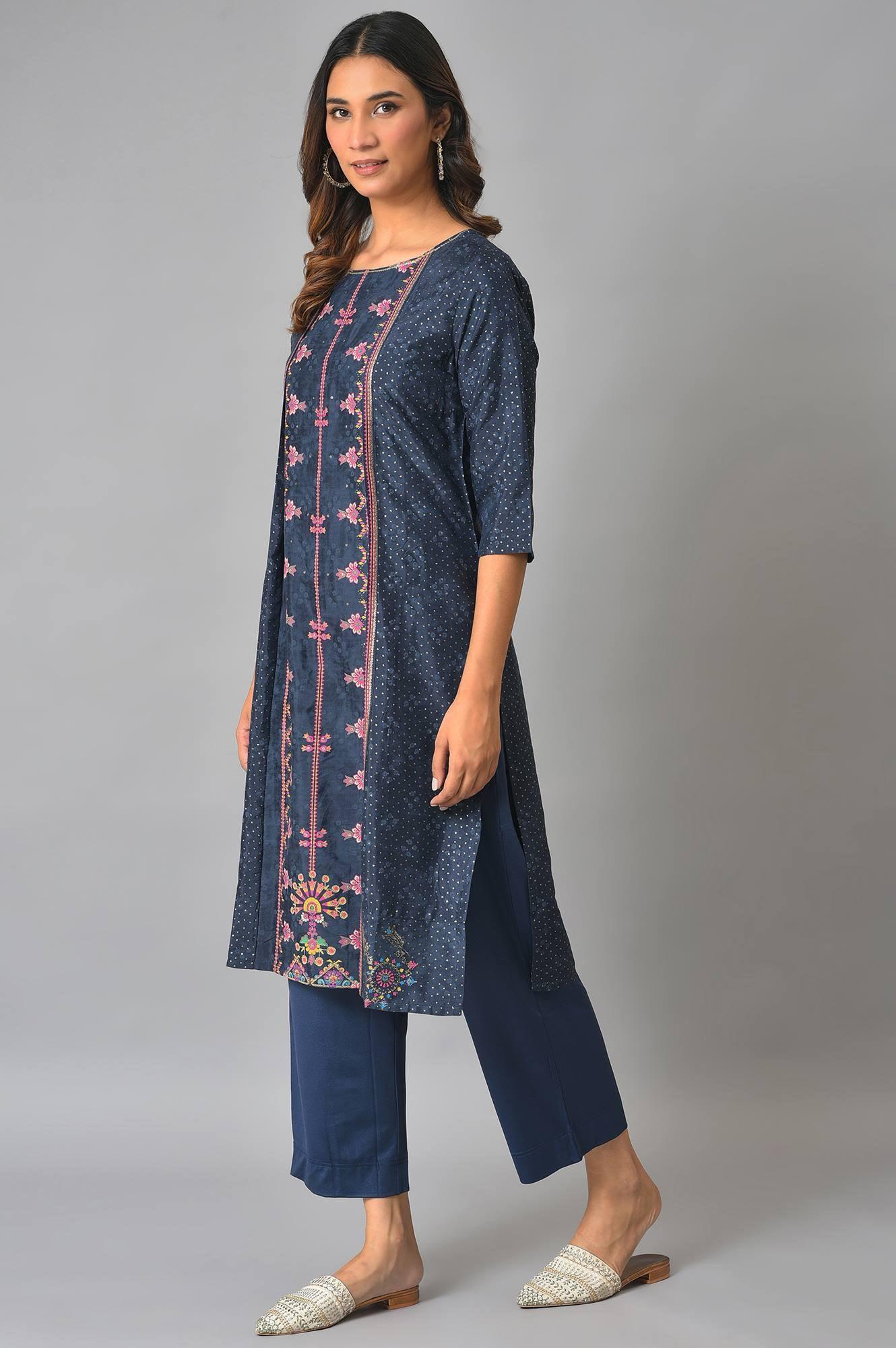 W for Woman Royal Blue Mock Layered Festive kurta