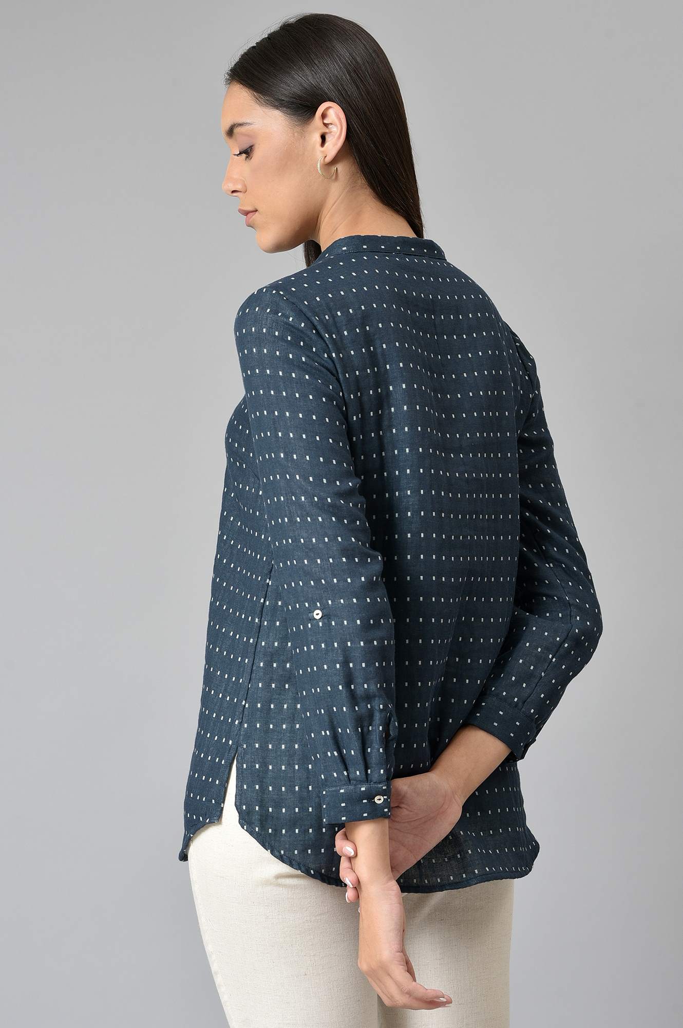 W for Woman Dark Blue Dobby Button Down Shirt