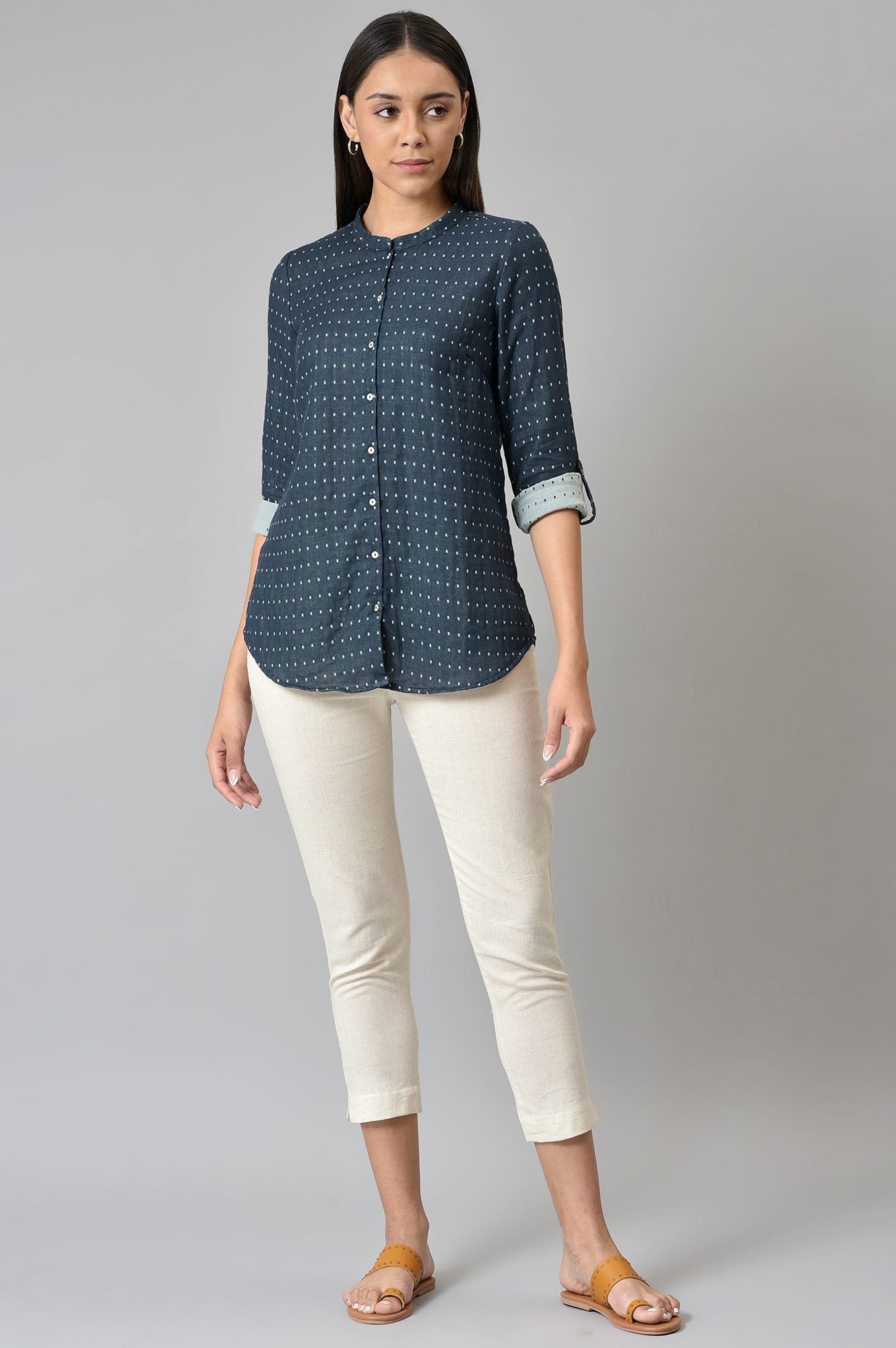 W for Woman Dark Blue Dobby Button Down Shirt