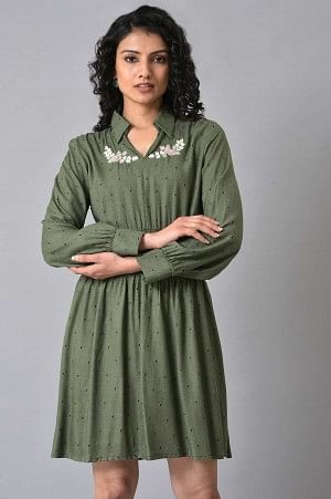 W for Woman Olive Green Hand Embroidered Short Dress