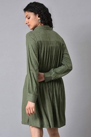 W for Woman Olive Green Hand Embroidered Short Dress