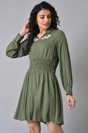 W for Woman Olive Green Hand Embroidered Short Dress