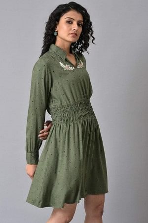 W for Woman Olive Green Hand Embroidered Short Dress