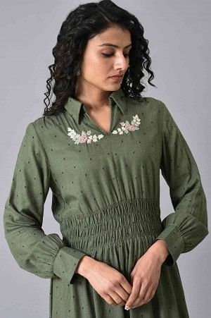 W for Woman Olive Green Hand Embroidered Short Dress