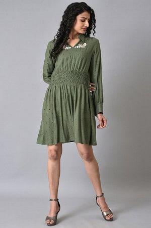 W for Woman Olive Green Hand Embroidered Short Dress