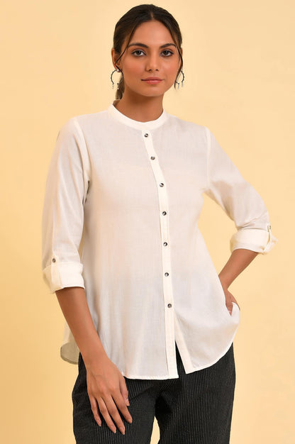 W for Woman Ecru Cotton Flax Button Down Western Top
