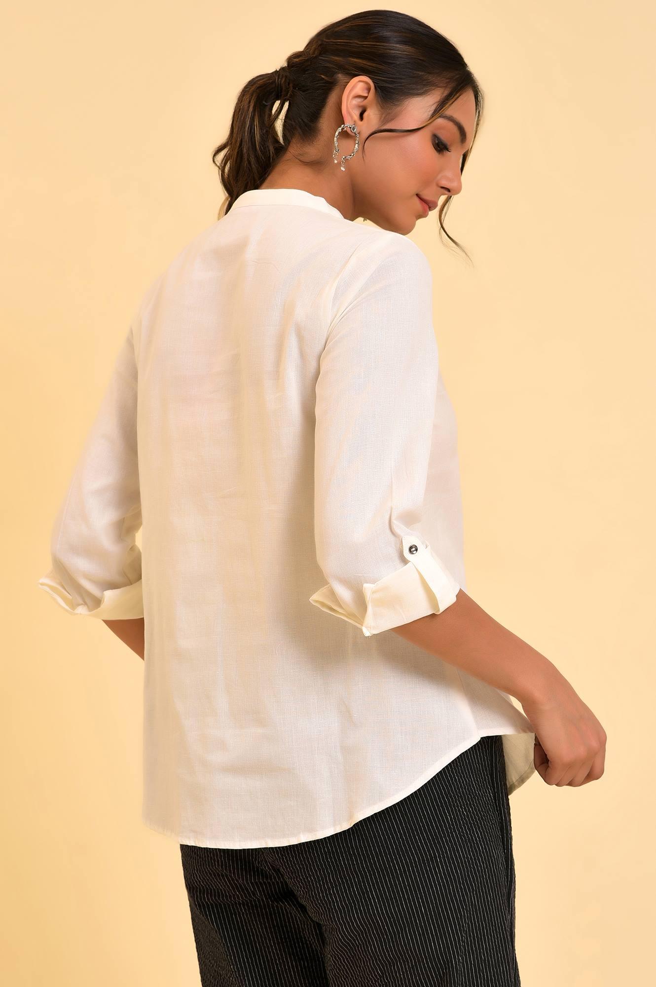 W for Woman Plus Size Ecru Cotton Flax Button Down Western Top
