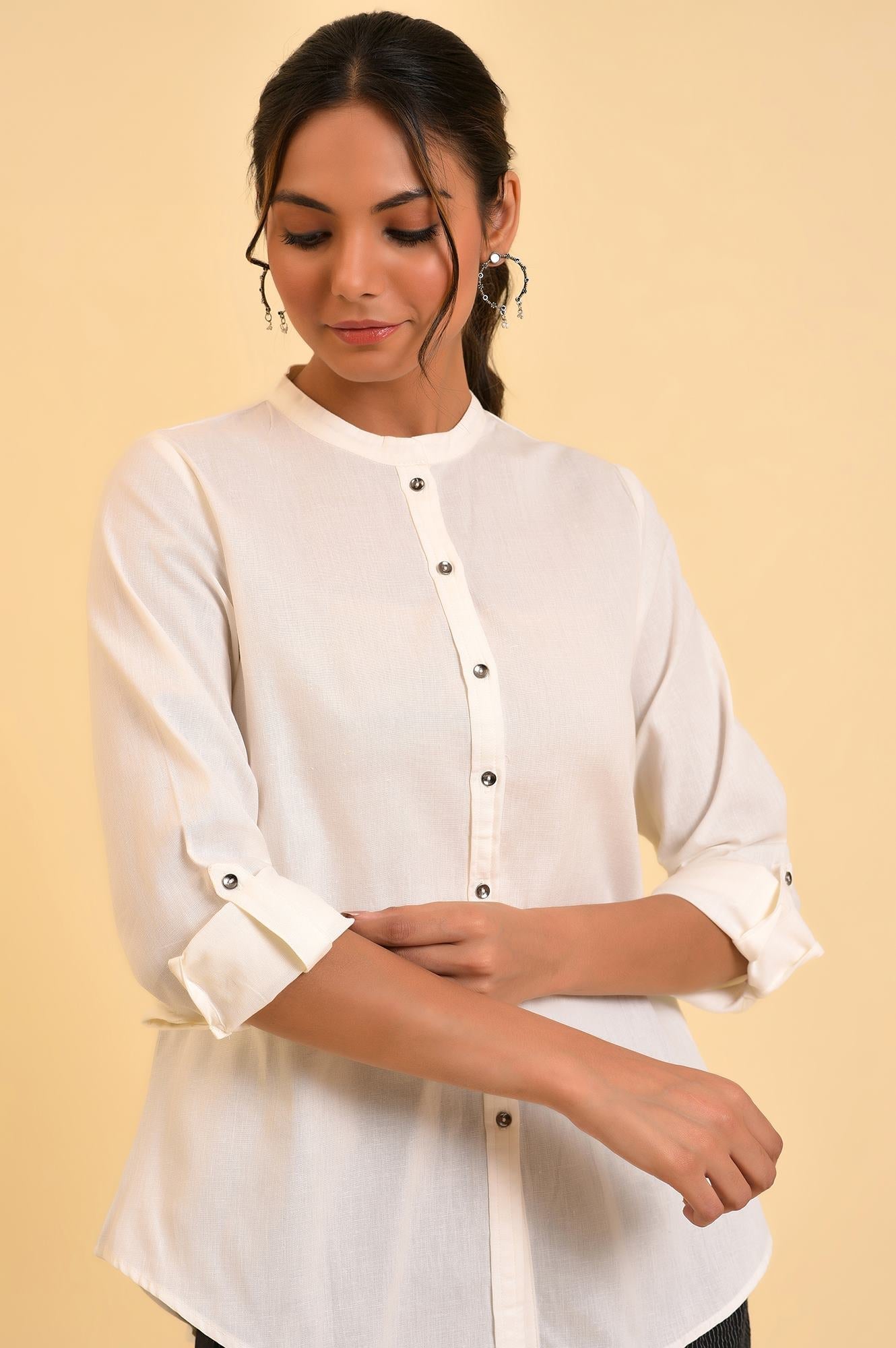W for Woman Ecru Cotton Flax Button Down Western Top