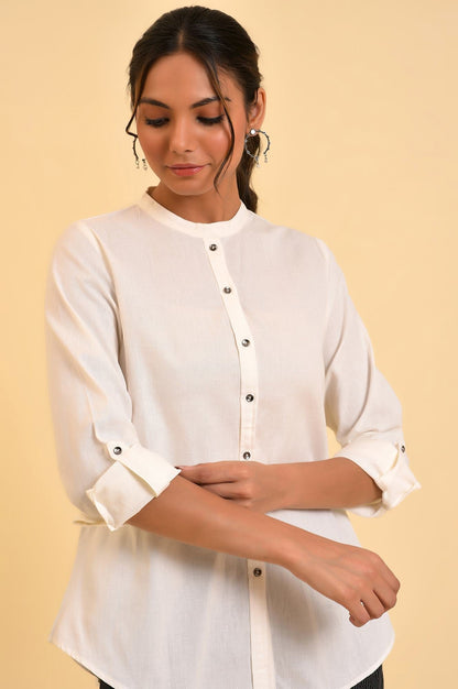 W for Woman Ecru Cotton Flax Button Down Western Top