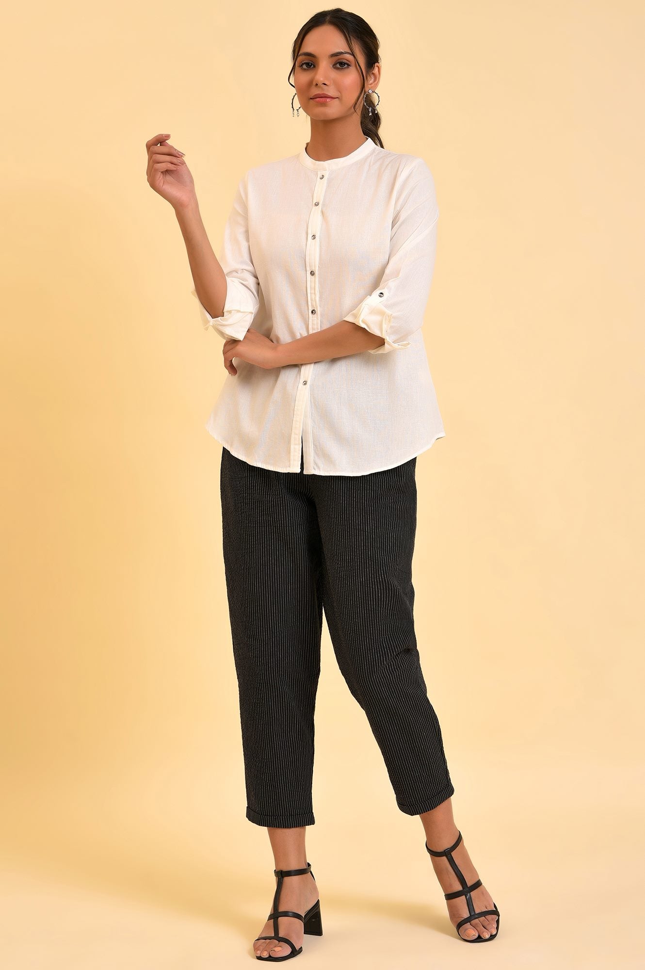 W for Woman Ecru Cotton Flax Button Down Western Top