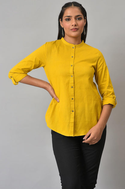 W for Woman Yellow Cotton Flax Button Down Western Top