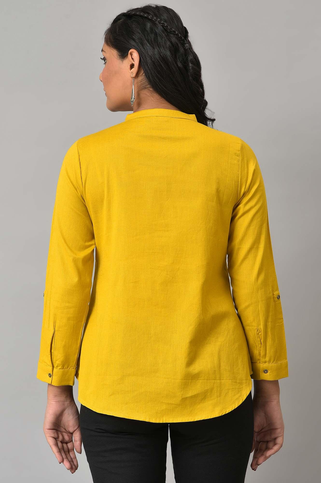 W for Woman Yellow Cotton Flax Button Down Western Top