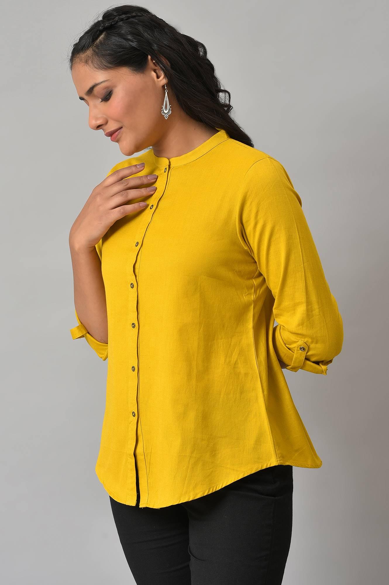 W for Woman Yellow Cotton Flax Button Down Western Top