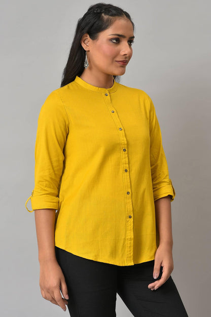 W for Woman Yellow Cotton Flax Button Down Western Top